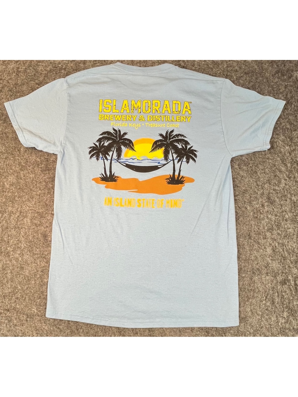 Islamorada Brewery & Distillery Light Blue T-Shirt with Palm Tree and Sunset
